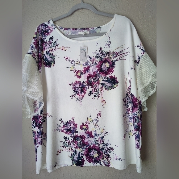 Chico's Tops - Maurices Blouse Floral Polyester Spandex Nylon Mesh Ivory Purple Scoop Sz 0 (xs)
